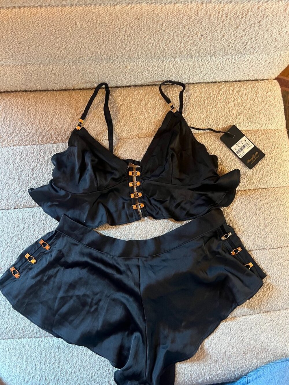 Honey Birdette Melissa Black Satin Bralette & Shorts Set M